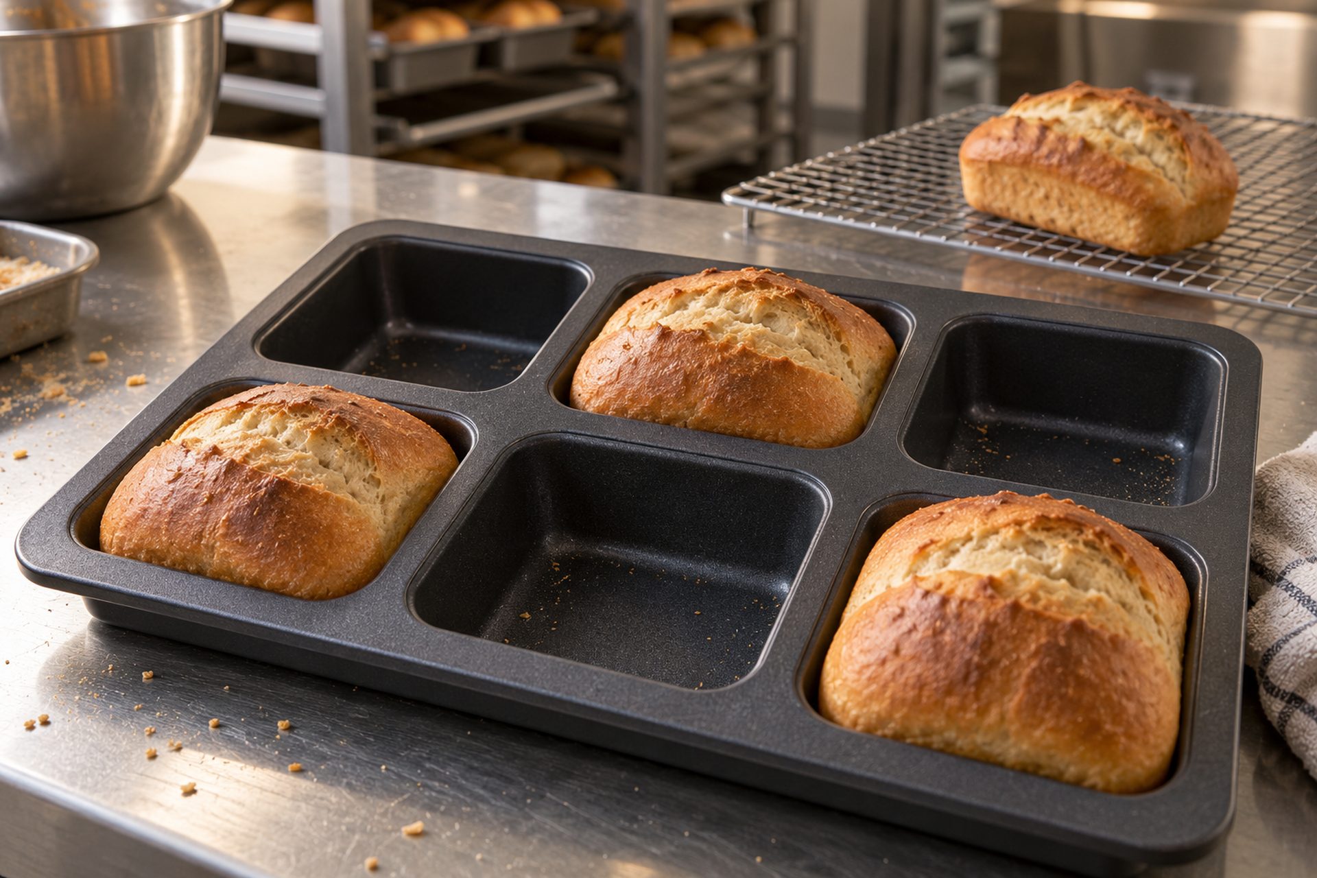 AI-generated illustration of a dark non-stick bakery mould tray holding freshly baked loaves
